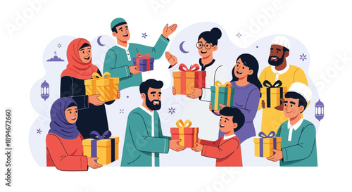Diverse group of Muslim people exchanging gifts during a celebration, symbolizing community and generosity.