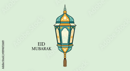 A traditional Islamic lantern with intricate geometric patterns, illuminated for Eid Mubarak celebrations.
