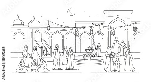 A detailed line drawing depicts a lively courtyard scene with families gathered under decorative lights and a crescent moon.