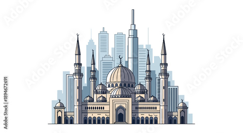 A grand mosque with tall minarets stands prominently in front of a modern city skyline.
