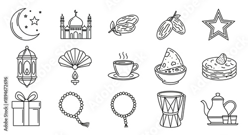 A collection of Islamic icons including a crescent moon, mosque, dates, star, lantern, fan, coffee cup, bowl of food, stack of pancakes, gift box, prayer beads, drum, and teapot.