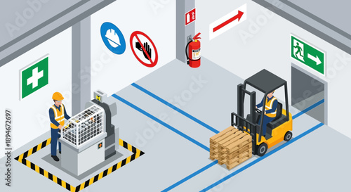 Illustration of workers in a factory setting with safety monitoring system, wearing work helmets and vests, operating a forklift and machine.