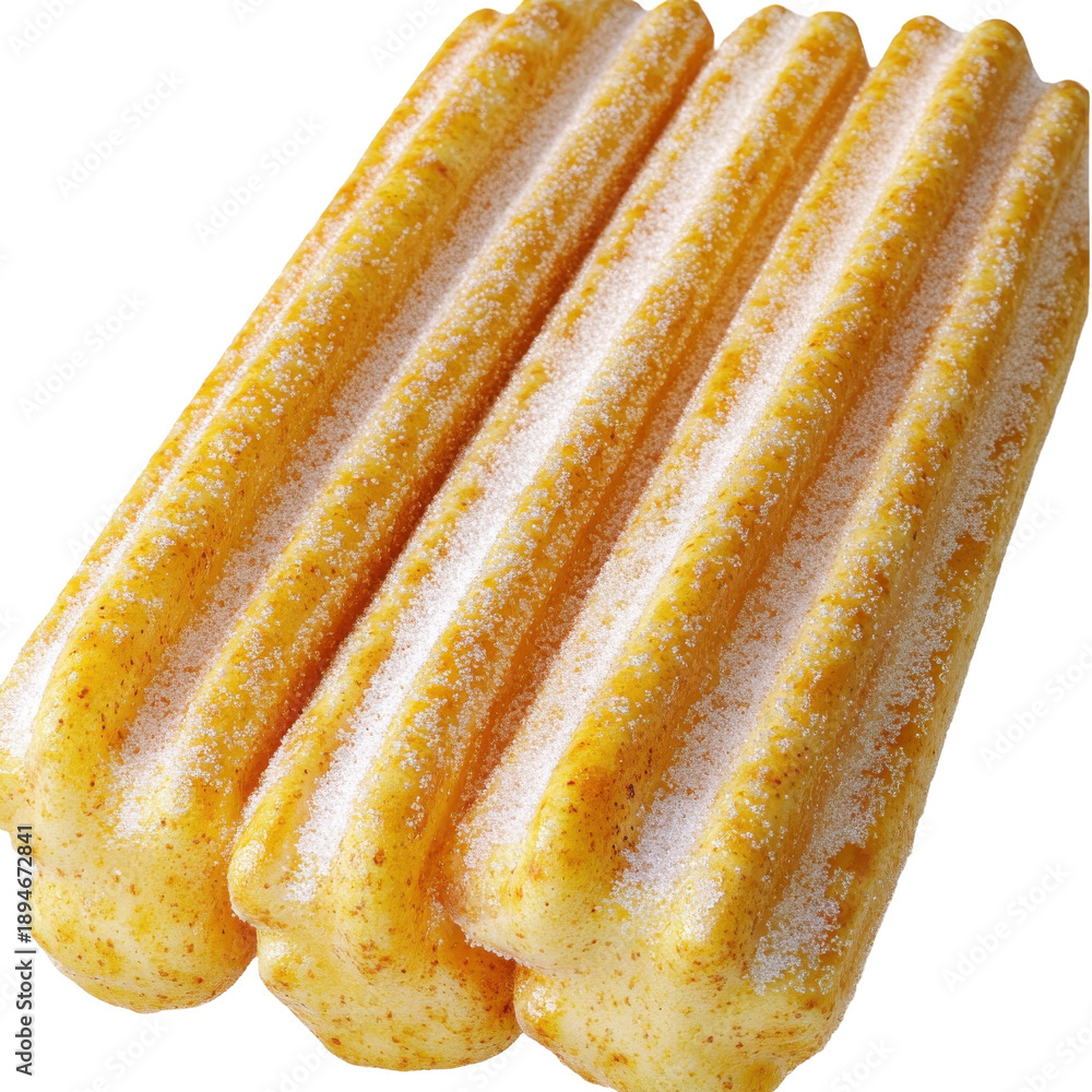 Fototapeta premium Golden churros dusted with sugar close-up view isolated on white background