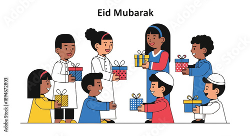 Children exchanging gifts during an Eid Mubarak celebration, showcasing community and festive spirit.