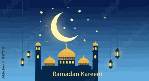 Ramadan Kareem greeting with a mosque, crescent moon, and lanterns under a starry night sky.