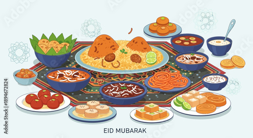 A vibrant and abundant spread of traditional Eid al-Fitr dishes, showcasing a variety of sweet and savory foods arranged beautifully on a patterned mat, celebrating the festive occasion.