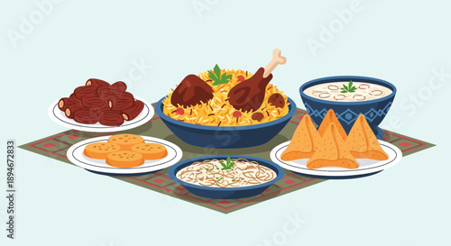 A vibrant illustration showcasing a variety of delicious and traditional dishes, including biryani, samosas, and sweets, arranged attractively on a patterned tablecloth.