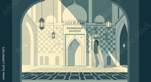 Ramadan Kareem greeting with Islamic architectural elements and lanterns casting dramatic shadows.