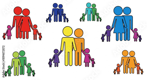 Diverse Family Units Represented by Colorful Stick Figures.