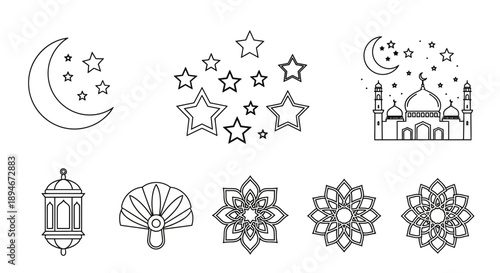 Collection of Islamic cultural icons including a crescent moon, stars, mosque, lantern, and geometric patterns.