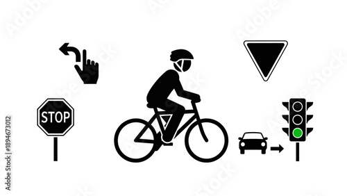 Cyclist with traffic signs and signals illustration.