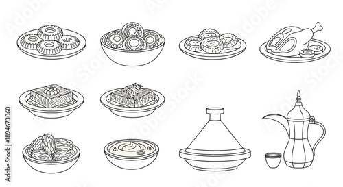 A collection of traditional Middle Eastern and North African dishes and beverages, including a roasted chicken, tagine, dates, and coffee pot.
