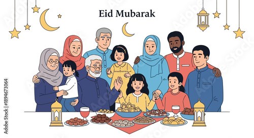 A diverse Muslim family gathers around a table laden with food to celebrate Eid Mubarak, with festive decorations in the background.