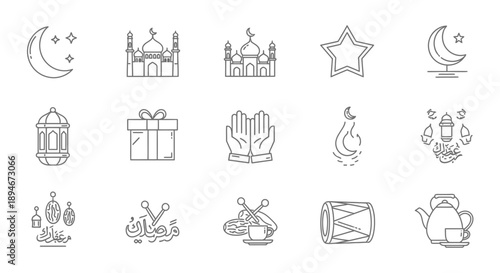 A collection of Islamic icons representing Ramadan and Eid celebrations, including mosques, crescent moons, stars, lanterns, gift boxes, praying hands, and traditional tea sets.