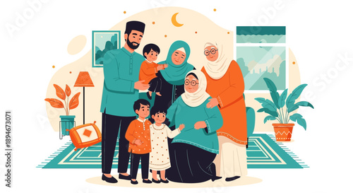 A multi-generational Muslim family posing together in a warm, inviting home setting, celebrating togetherness and tradition.
