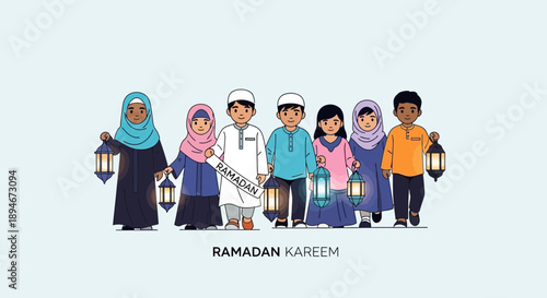 Diverse group of Muslim children and adults holding lanterns, celebrating Ramadan Kareem.