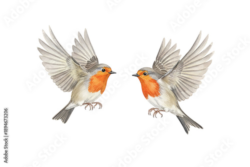 Two European robins in dynamic flight facing each other with wings wide open on a clean white background watercolor