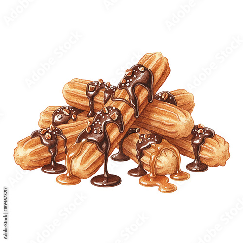 Delicious watercolor illustration of churros topped with chocolate sauce caramel and chopped nuts dessert food