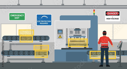 An industrial safety illustration depicting a worker in a factory operating a safety monitoring system while wearing a work vest and standing near a machine with warning signs.