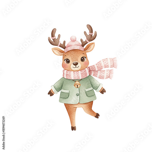 Cute Happy Reindeer Wearing Winter Clothes Dancing Among Snowflakes Watercolor Illustration on White