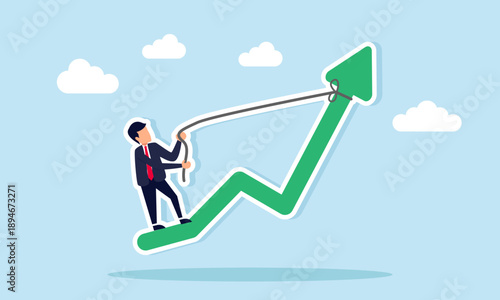 Businessman pulling a green chart with a rope to keep the arrow pointing upward illustrating efforts to improve business performance and productivity