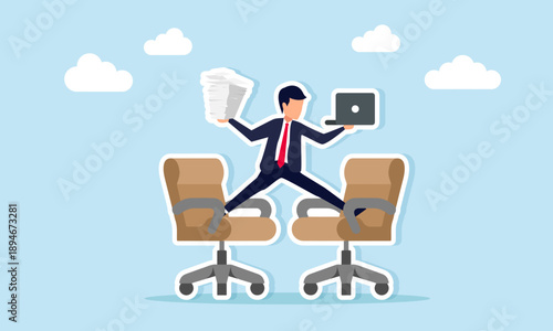 Businessman balancing on two office chairs while carrying work documents and a laptop illustrating performance management in multitasking business operations