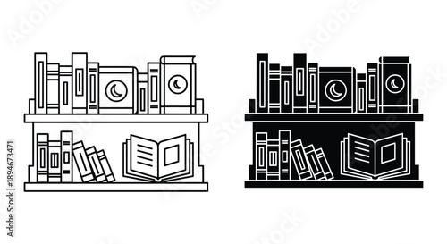 Bookshelves with Books - Simple Line Art Illustration