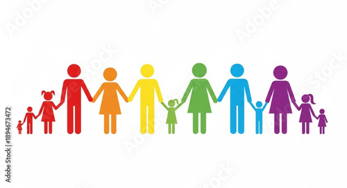 Diverse Family Group Holding Hands in Rainbow Colors.