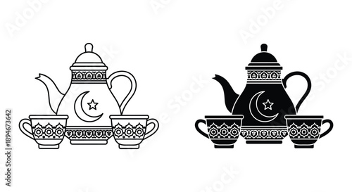 Islamic Tea Set Illustration with Crescent Moon and Star