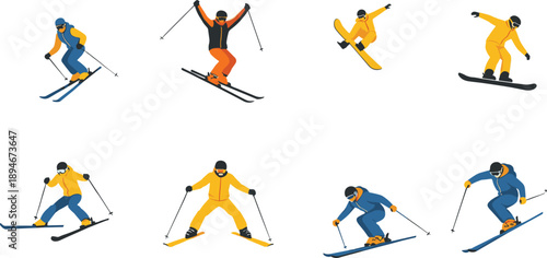 Set of Professional Skiers and Snowboarders Performing Jumps and Downhill Maneuvers in Winter Sports Gear for Mountain Resort Advertising and Outdoor Activity Designs