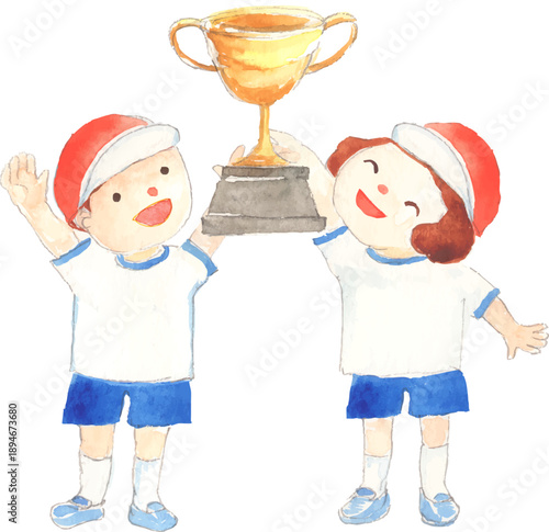 トロフィーを持って喜ぶ小学生の男の子と女の子のイラスト　ベクター