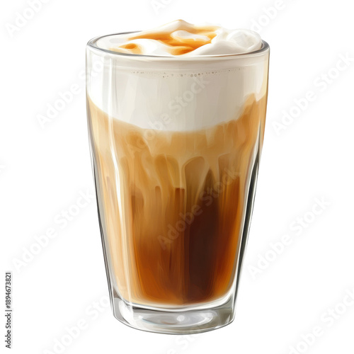 Iced caramel macchiato in glass creamy swirled coffee drink isolated on white background