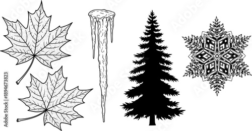 Detailed nature illustrations featuring maple leaves, a frozen icicle, a tall pine tree silhouette, and an intricate geometric winter snowflake.
