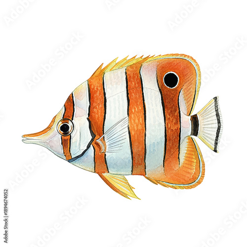 Colorful Copperband Butterflyfish with Orange and White Stripes Detailed Watercolor Art on White