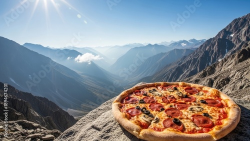 Delicious Pepperoni Pizza on Mountain Peak Overlooking Valley on Sunny Day.