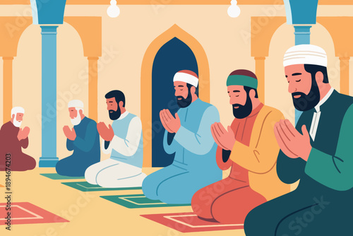 Group of men praying in mosque with raised hands, traditional attire, arched architecture, and hanging lights.
