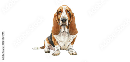 A charming Basset Hound dog sitting calmly on green grass with a gentle sad expression