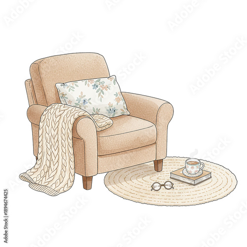 Cozy living room armchair with knitted blanket floral pillow hot steaming teacup open book and reading eyeglasses on round rug
