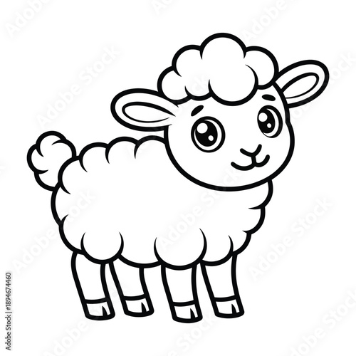 A charming black and white illustration of a cute, fluffy cartoon lamb