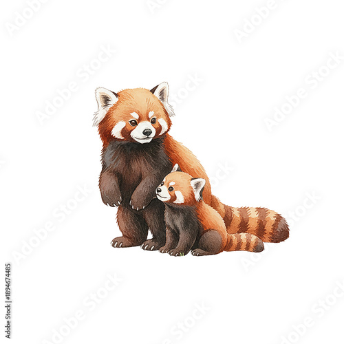 Two adorable red pandas mother and cub standing and sitting looking gentle and content in a natural setting illustration