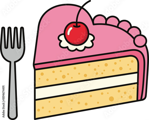 Slice of Pink Frosted Cake with Cherry and Fork