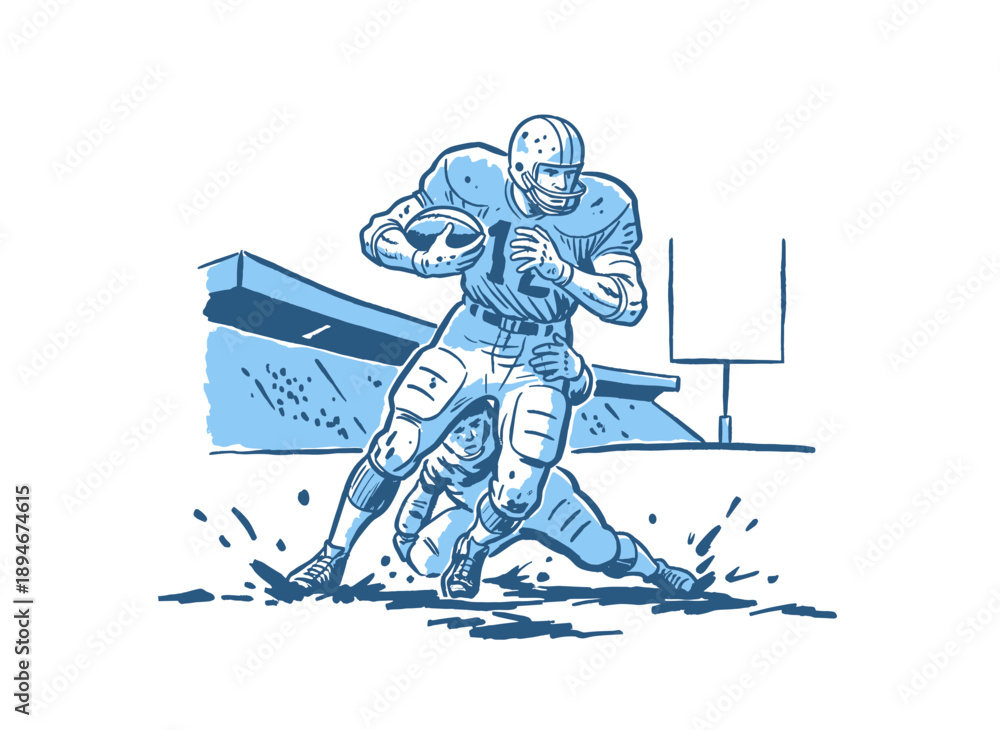 Fototapeta premium Football action sketch design. Vintage American football artwork. Player tackling runner graphic print. Touchdown illustration for apparel. Champion l