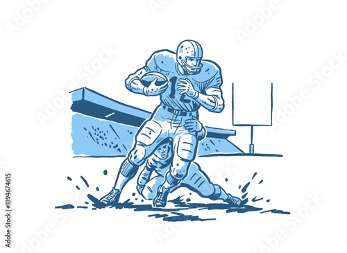Football action sketch design. Vintage American football artwork. Player tackling runner graphic print. Touchdown illustration for apparel. Champion l