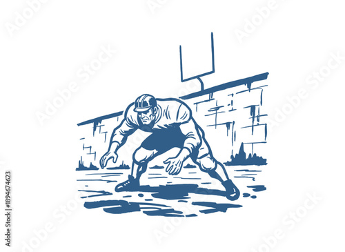 Football player vintage design for apparel. Retro sports graphic print illustration. American football game competition. Lineman stance artwork for po