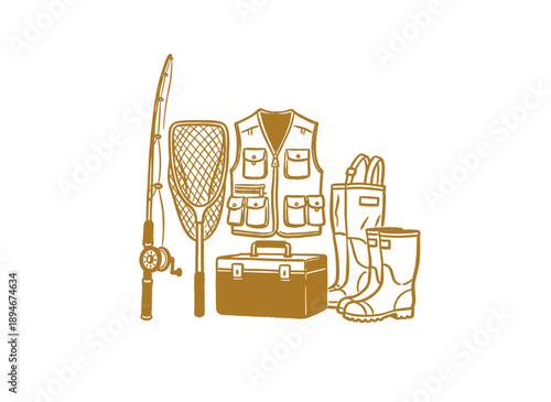 Fishing equipment vintage artwork for apparel. Outdoor adventure angling graphics. Fishing rod waders and vest illustration. Fly fishing gear sketch d