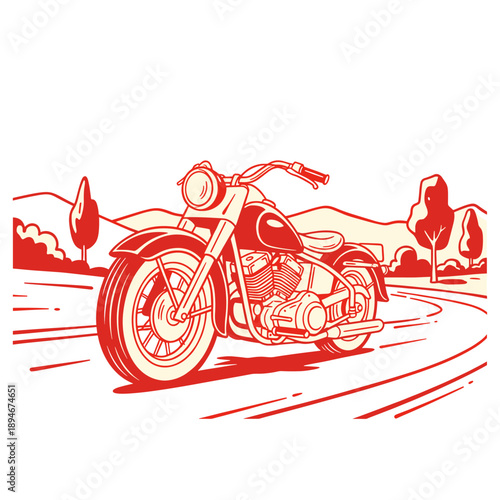 Motorcycle print design for t-shirt print. Vintage cruiser chopper bike artwork. Custom motor club graphic design. Classic road trip journey illustrat