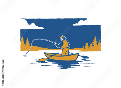 Fisherman in boat vintage graphic design. Retro outdoor fishing club artwork. Adventure and hobby t-shirt vector. Classic angling illustration for pos