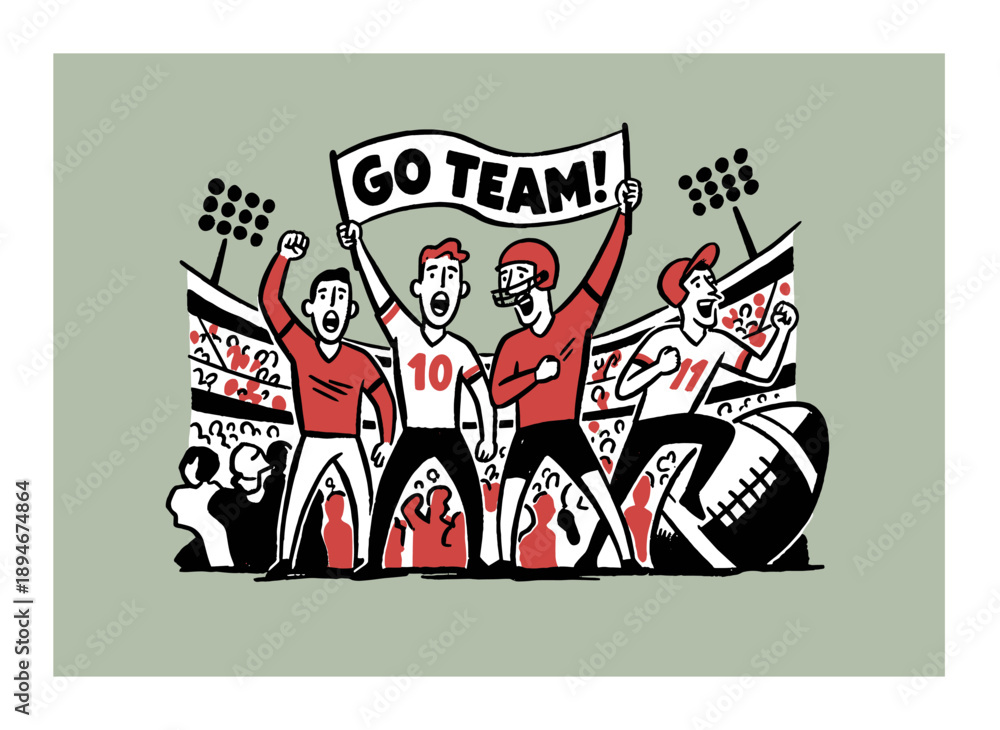 Fototapeta premium Football fan celebration artwork. Go team graphic print design. Sports illustration for t shirt and apparel. American football game day. Vintage carto