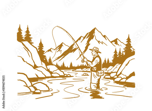 Fly fishing vintage vector illustration. Man fishing in mountain river. Outdoor adventure graphic for apparel. Keep nature wild and free. Trout fishin