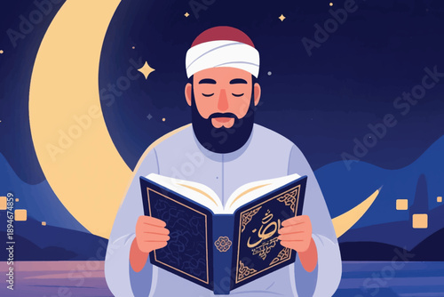 Man in white robe and turban reading ornate Arabic book under crescent moon, stars, and night sky.